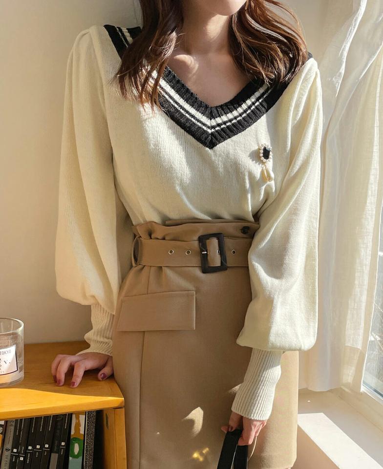 ≪人気商品再入荷≫チルデンニット・全2色・b66599 レディース 【tops】トップス ニット 長袖 ライン 配色 クラシック 大人 ボリューム袖 ワイドカフス リブ アクリルニット 春 秋 冬 韓国ファッション