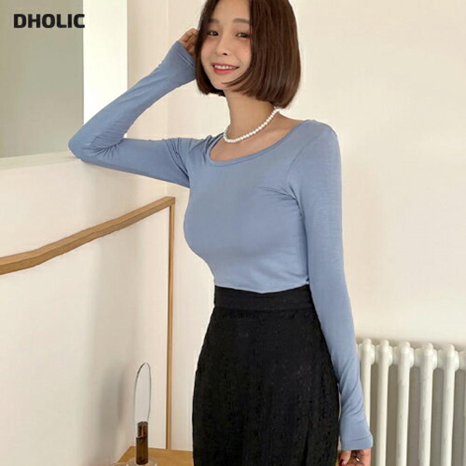 ラウンドスクエアTシャツ・全4色・b66595 レディース 【tops】トップス Tシャツ 長袖 単色 無地 シンプル ベーシック 大人 カジュアル デコルテ 鎖骨 春 秋 冬 韓国ファッション