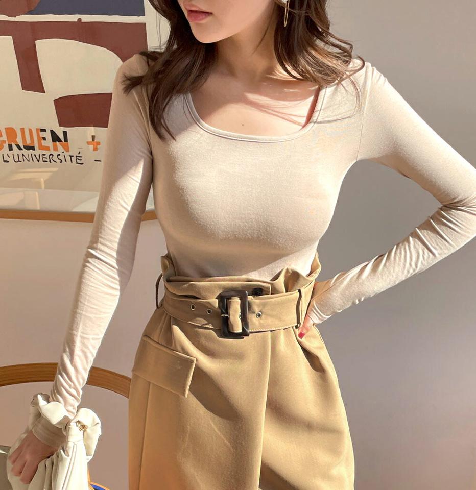 ラウンドスクエアTシャツ・全4色・b66595 レディース 【tops】トップス Tシャツ 長袖 単色 無地 シンプル ベーシック 大人 カジュアル デコルテ 鎖骨 春 秋 冬 韓国ファッション