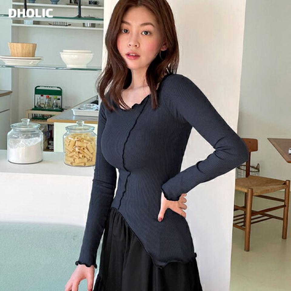 ウェーブスリットスリムTシャツ・全3色・b66618 レディース 【tops】トップス Tシャツ 長袖 スリム ウェーブ シンプル カジュアル スリット ライン 春 秋 冬 韓国ファッション