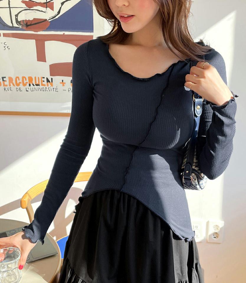 ウェーブスリットスリムTシャツ・全3色・b66618 レディース 【tops】トップス Tシャツ 長袖 スリム ウェーブ シンプル カジュアル スリット ライン 春 秋 冬 韓国ファッション