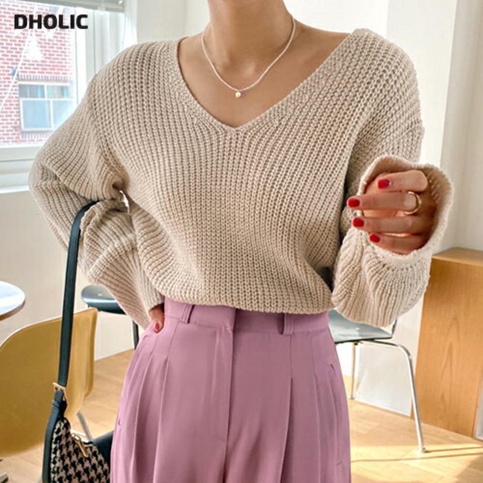 Vネックルーズフィットニット・全5色・t00189 レディース 【tops】韓国ファッション トップス ニット 大人 長袖 Vネック ルーズ デコルテ ドロップショルダー スリット リブ シンプル 体型カバー フェミニン カジュアル 秋 冬