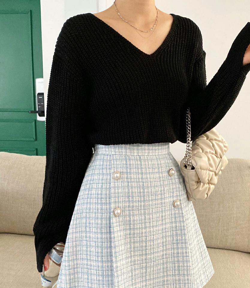 Vネックルーズフィットニット・全5色・t00189 レディース 【tops】韓国ファッション トップス ニット 大人 長袖 Vネック ルーズ デコルテ ドロップショルダー スリット リブ シンプル 体型カバー フェミニン カジュアル 秋 冬