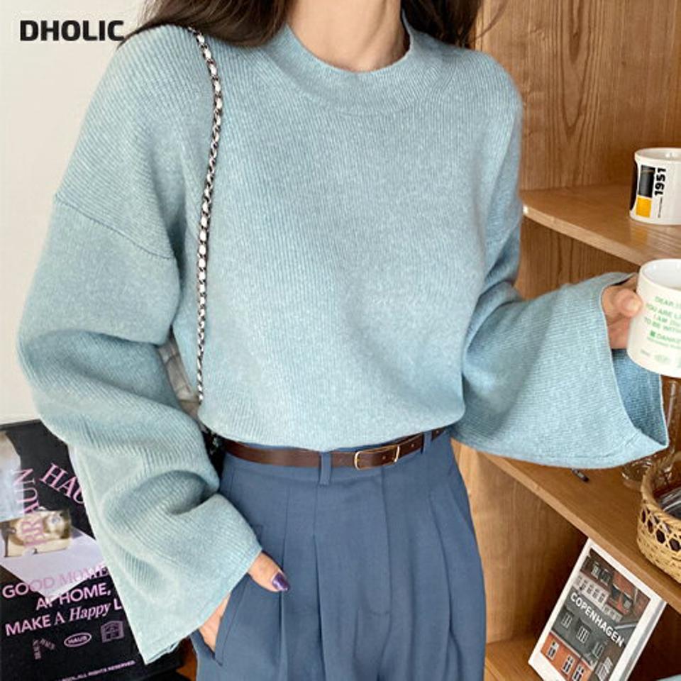 ハーフネックボリュームスリーブニット・全7色・t00215 レディース 【tops】韓国ファッション トップス ニット 大人 長袖 ハーフネック スリーブ モダン ドロップショルダー ルーズ 異素材 無地 シンプル 体型カバー フェミニン 秋 冬