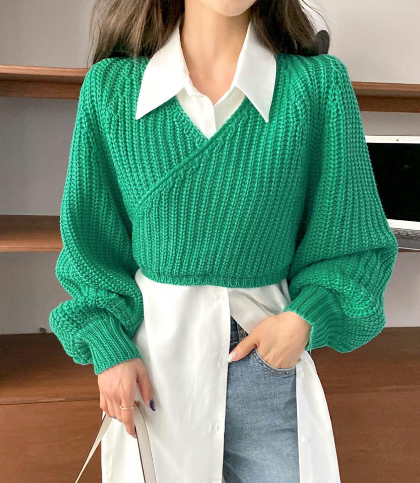 カシュクールクロップドニット・全5色・t00188 レディース 【tops】韓国ファッション トップス ニット 大人 長袖 Vネック カシュクール クロップド丈 ラップ風 カラーニット 単色 シンプル 体型カバー フェミニン カジュアル 秋 冬