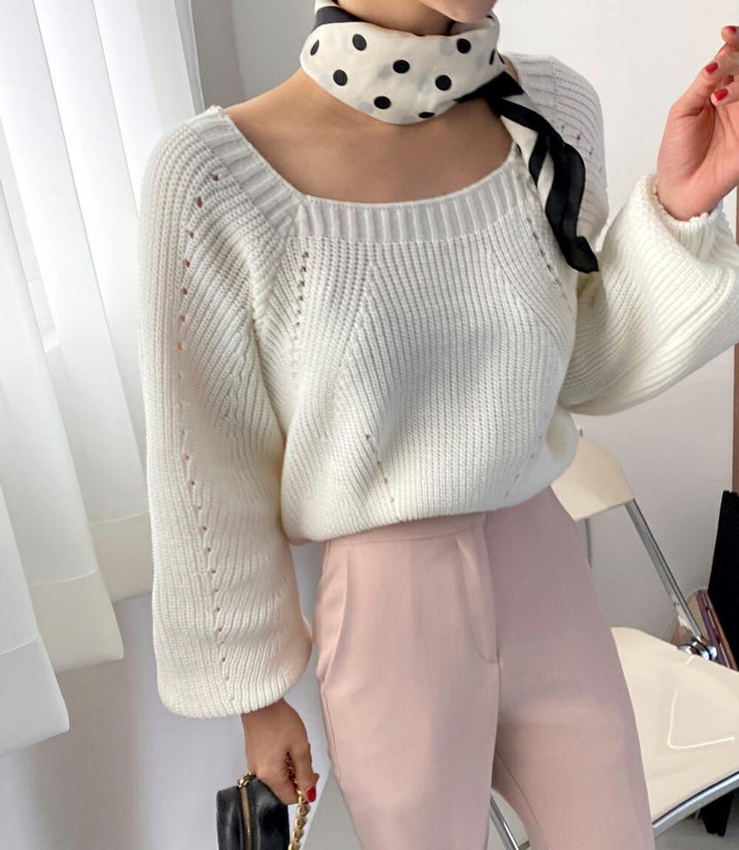 スクエアネックニット・全4色・t00187 レディース 【tops】韓国ファッション トップス ニット 大人 長袖 スクエアネック パンチング ルーズ カラーニット 単色 シンプル 体型カバー フェミニン カジュアル 秋 冬