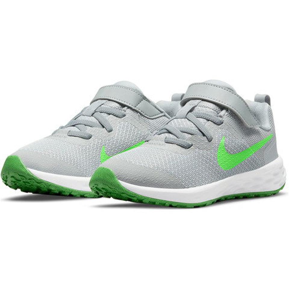 【10/26 10:00〜10/28 23:59迄 エントリー＆対象3店舗買い回りで最大P10倍！】ナイキ（NIKE） レボリューション 6 NN PSV グレー グリーン DD1095-009 ジュニア スポーツシューズ マジックテープ スニーカー 運動靴 子供 （キッズ）