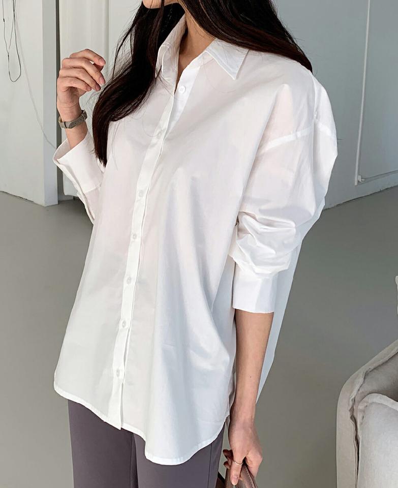 オーバーフィットシャツ2SET・全2色・b00097 レディース 【bl】トップス シャツ 長袖 ゆったり オーバーサイズ 単色 無地 シンプル コットン シースルー 白シャツ セット 大人 きれいめ 春 秋 韓国ファッション ハイホリHIHOLLI