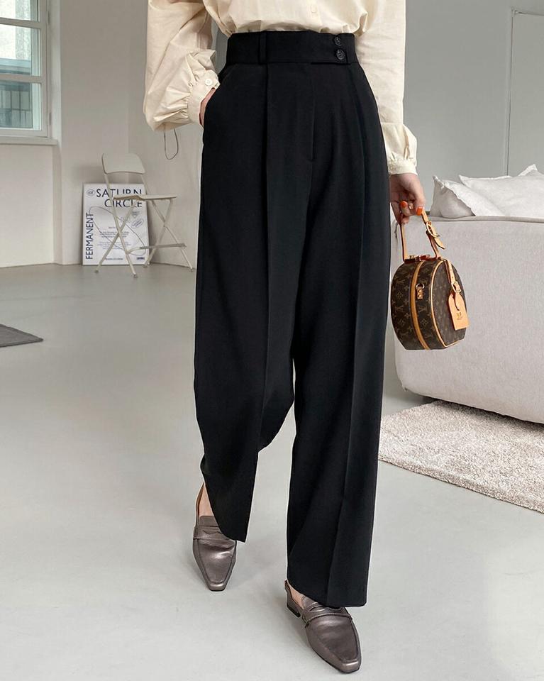 2ボタンワイドフィットスラックス・全2色・t00112 レディース 【pt】スラックス パンツ ズボン ロングパンツ ワイドスラックス 単色 無地 シンプル ベーシック 大人 オフィスカジュアル きれいめ 春 秋 冬 韓国ファッション ハイホリHIHOLLI