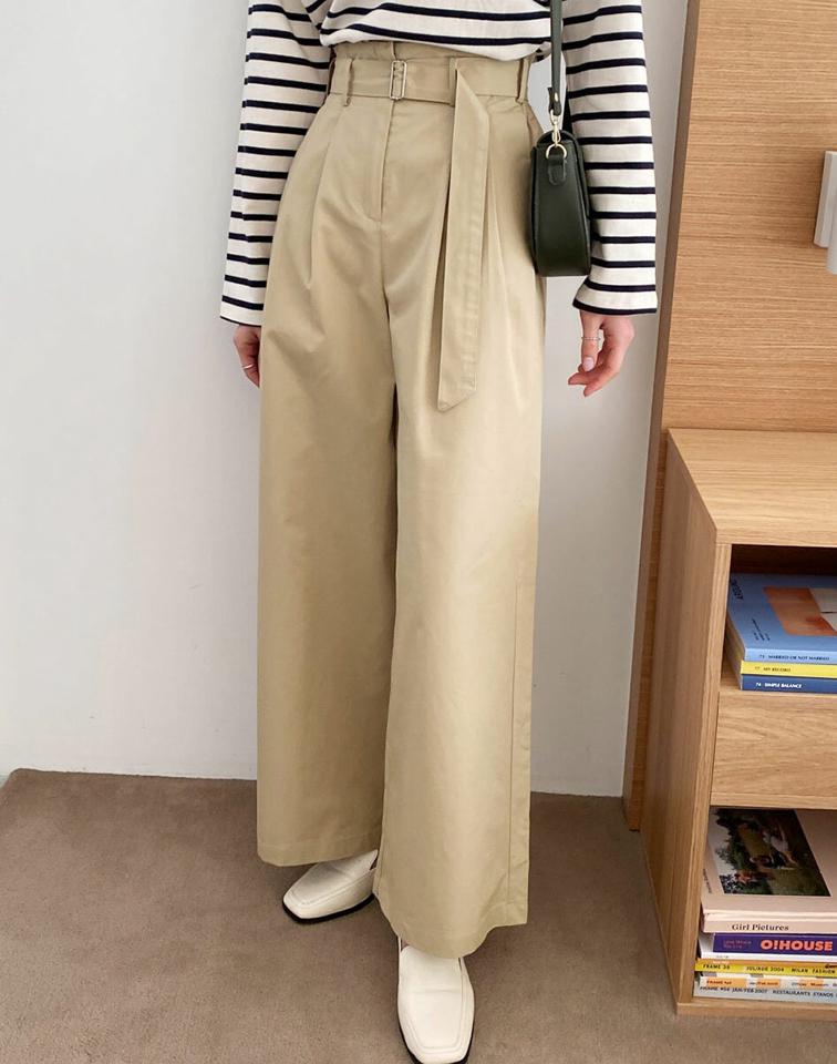 ベルト付ハイウエストワイドパンツ・全3色・t66481 レディース 【pt】韓国ファッション ボトムス ロング ロングパンツ ベルト付 ハイウエスト カラーパンツ ワイドパンツ ツータック 無地 シンプル フェミニン カジュアル 秋 冬
