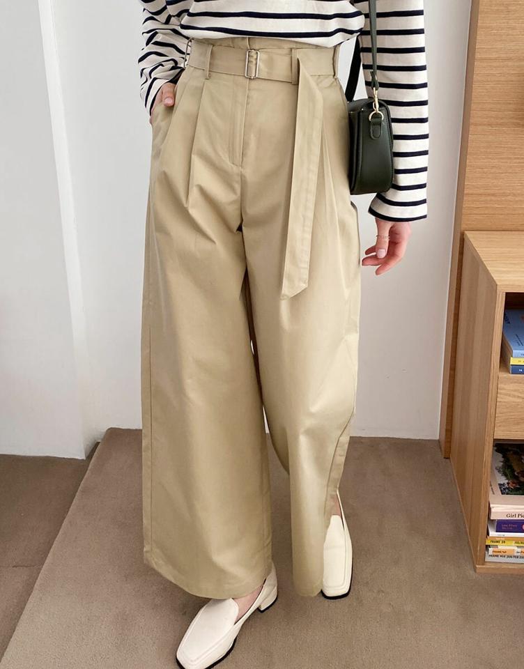 ベルト付ハイウエストワイドパンツ・全3色・t66481 レディース 【pt】韓国ファッション ボトムス ロング ロングパンツ ベルト付 ハイウエスト カラーパンツ ワイドパンツ ツータック 無地 シンプル フェミニン カジュアル 秋 冬