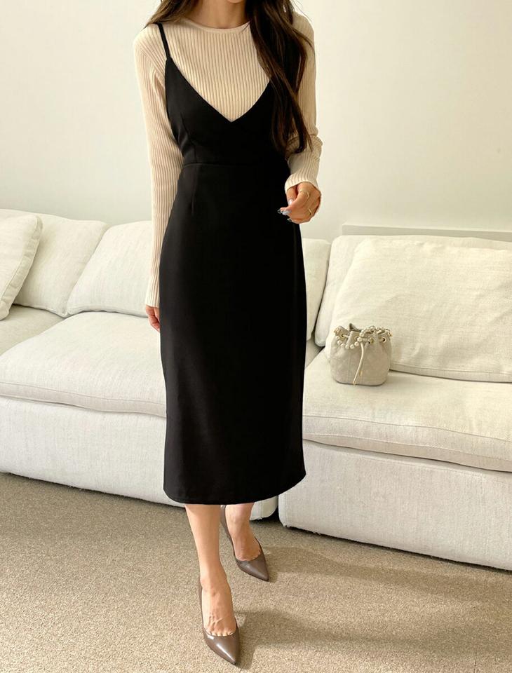 リボンカシュクールビスチェワンピース・全2色・t66493 レディース 【ops】韓国ファッション ワンピース ミディ ミディワンピース ビスチェワンピース Vネック リボン カシュクール ミディ丈 無地 シンプル 体型カバー フェミニン カジュアル 秋 冬