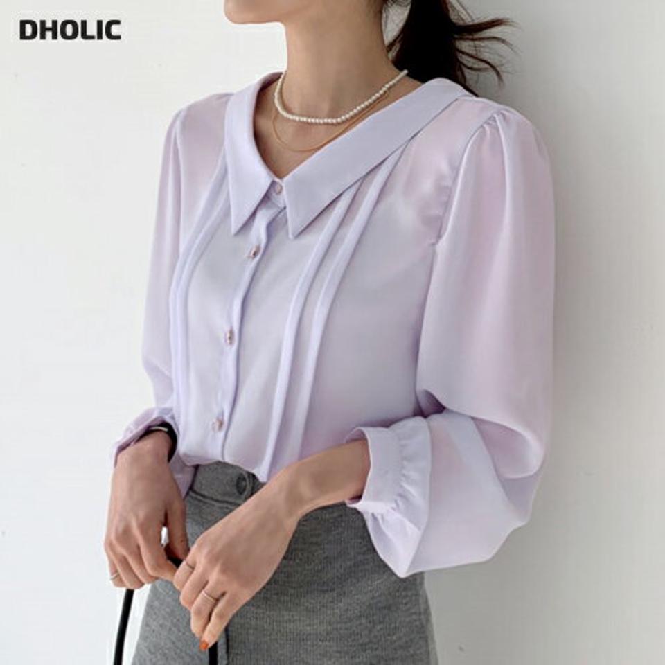 バックリボンピンタックブラウス・全5色・t00098 レディース 【bl】トップス ブラウス 長袖 ピンタック りぼん シンプル 大人 Vネック パステル 春 秋 冬 韓国ファッション ハイホリHIHOLLI