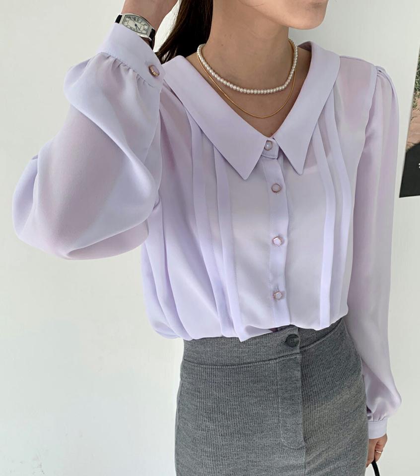 バックリボンピンタックブラウス・全5色・t00098 レディース 【bl】トップス ブラウス 長袖 ピンタック りぼん シンプル 大人 Vネック パステル 春 秋 冬 韓国ファッション ハイホリHIHOLLI