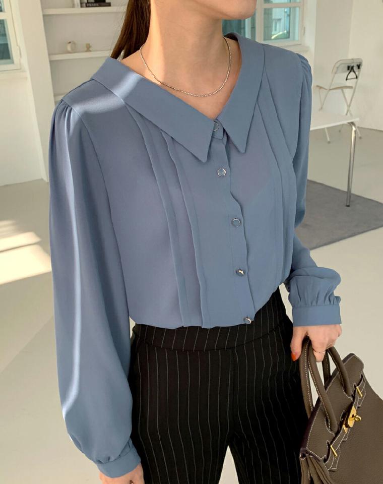 バックリボンピンタックブラウス・全5色・t00098 レディース 【bl】トップス ブラウス 長袖 ピンタック りぼん シンプル 大人 Vネック パステル 春 秋 冬 韓国ファッション ハイホリHIHOLLI