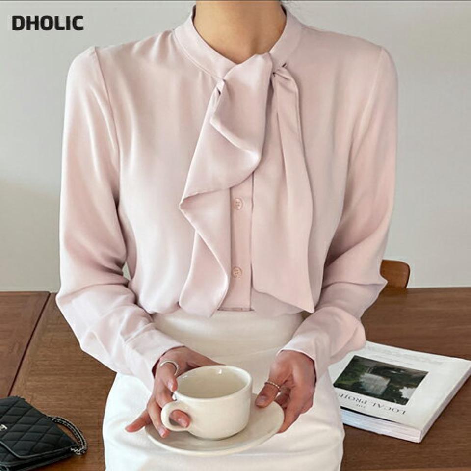 フリルタイブラウス・全3色・b66491 レディース 【bl】韓国ファッション トップス ブラウス 長袖 バンドカラー フリル タイ カフス ボタン パステルカラー 無地 シンプル カジュアル ピンク フェミニン ガーリー 春 秋 冬