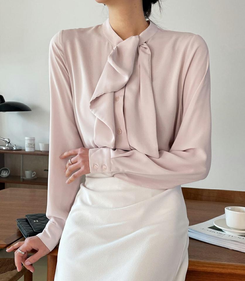 フリルタイブラウス・全3色・b66491 レディース 【bl】韓国ファッション トップス ブラウス 長袖 バンドカラー フリル タイ カフス ボタン パステルカラー 無地 シンプル カジュアル ピンク フェミニン ガーリー 春 秋 冬