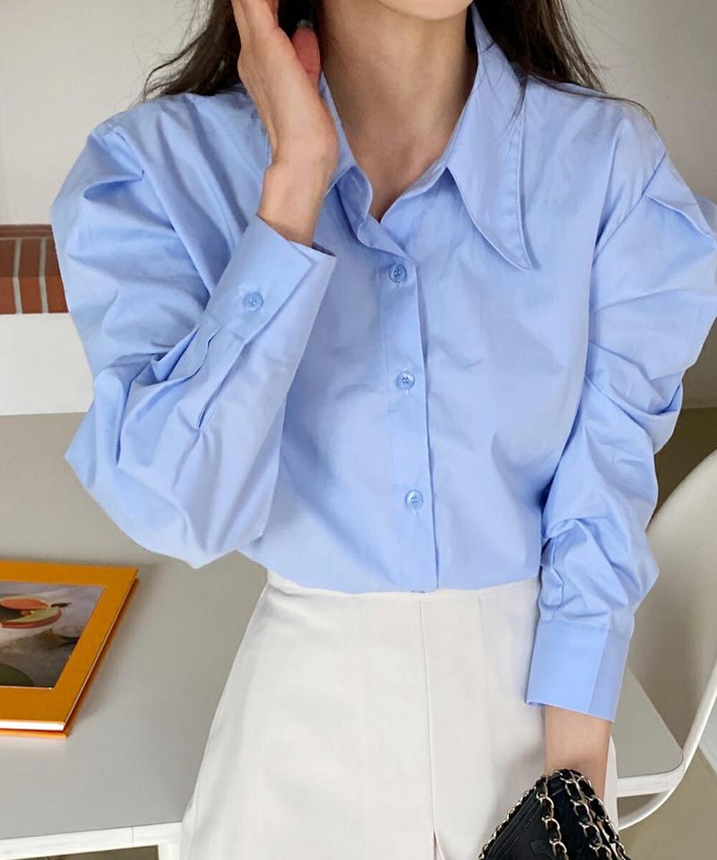 パステルパフブラウス・全4色・t66499 レディース 【bl】韓国ファッション トップス ブラウス 長袖 カラーネック ボタン パステル パフスリーブ 無地 ベーシック シンプル カジュアル フェミニン 体型カバー ガーリー 春 秋 冬