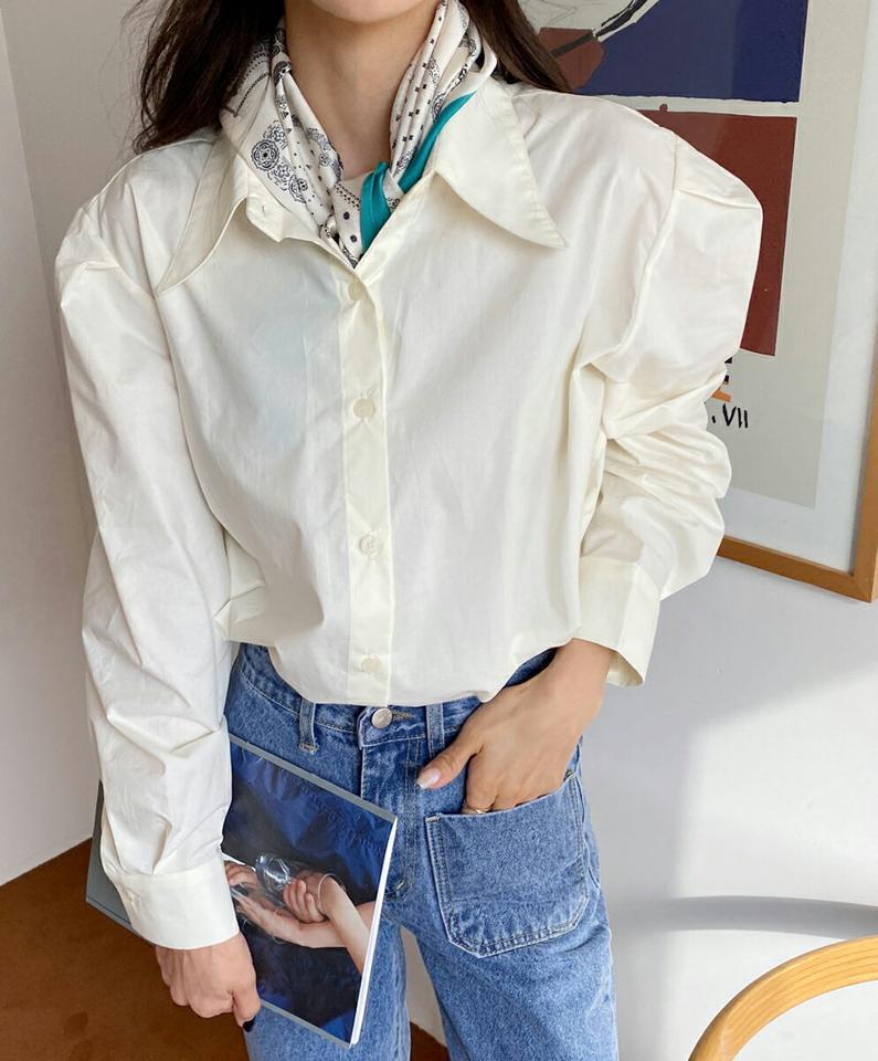 パステルパフブラウス・全4色・t66499 レディース 【bl】韓国ファッション トップス ブラウス 長袖 カラーネック ボタン パステル パフスリーブ 無地 ベーシック シンプル カジュアル フェミニン 体型カバー ガーリー 春 秋 冬