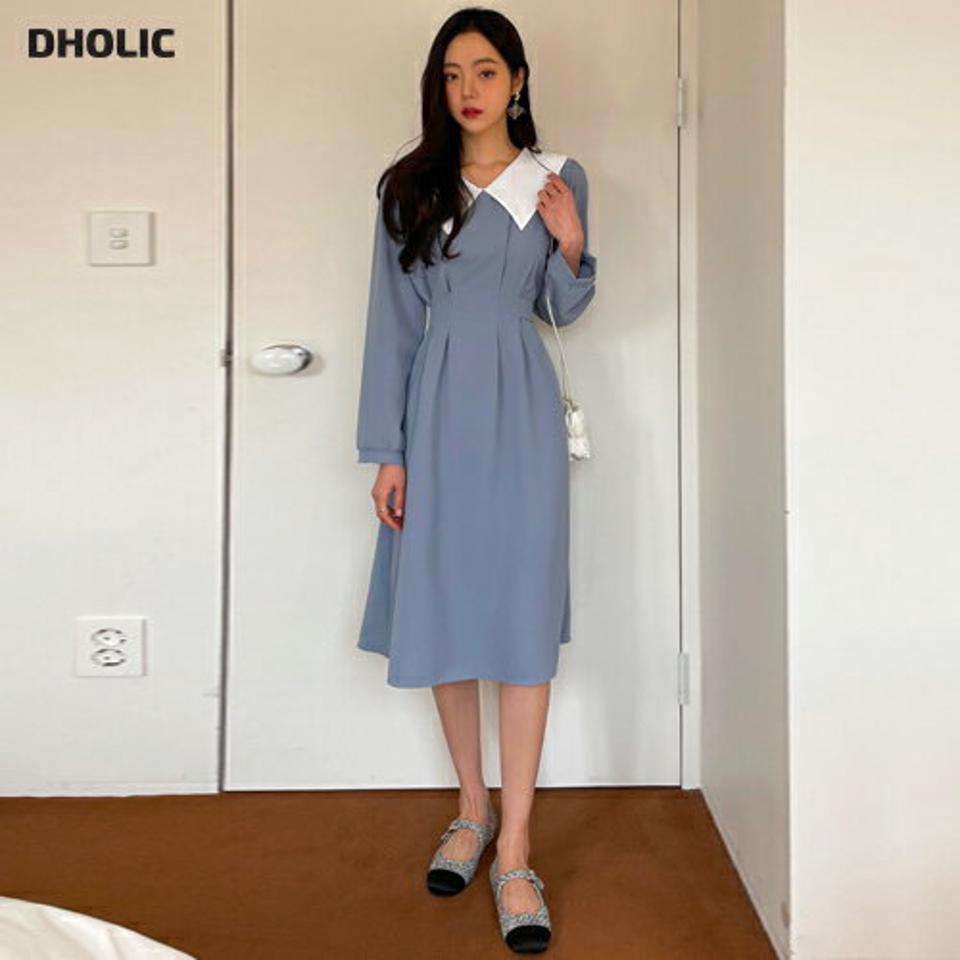 配色カラーバックリボンワンピース・全4色・t66494 レディース 【ops】韓国ファッション ワンピース ミディ ミディワンピース 長袖 カラーネック 配色カラー パフスリーブ リボン ミディ丈 シンプル フェミニン カジュアル 秋 冬
