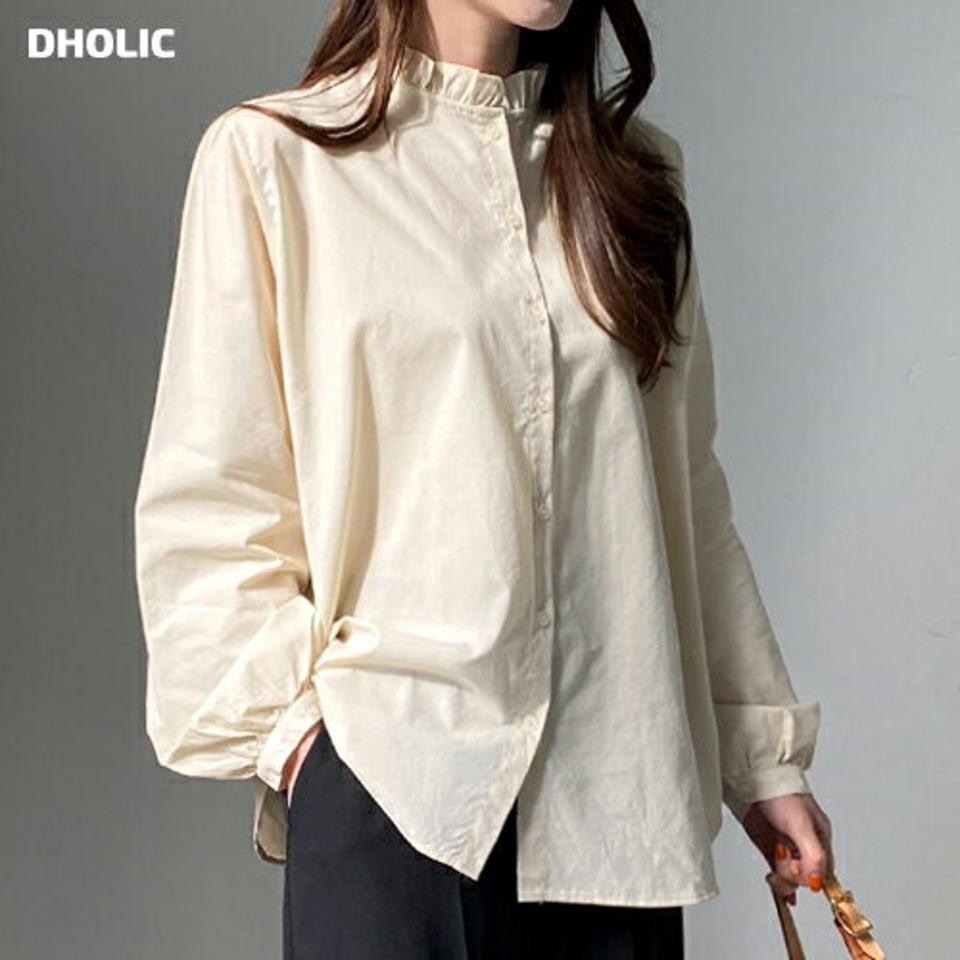 フリルネックボタンブラウス・全2色・t00102 レディース 【bl】トップス ブラウス 長袖 フリルネック 襟コン 単色 無地 シンプル ナチュラル かわいい 可愛い パフ袖 パフスリーブ ゆったり コットン 春 秋 冬 韓国ファッション ハイホリHIHOLLI