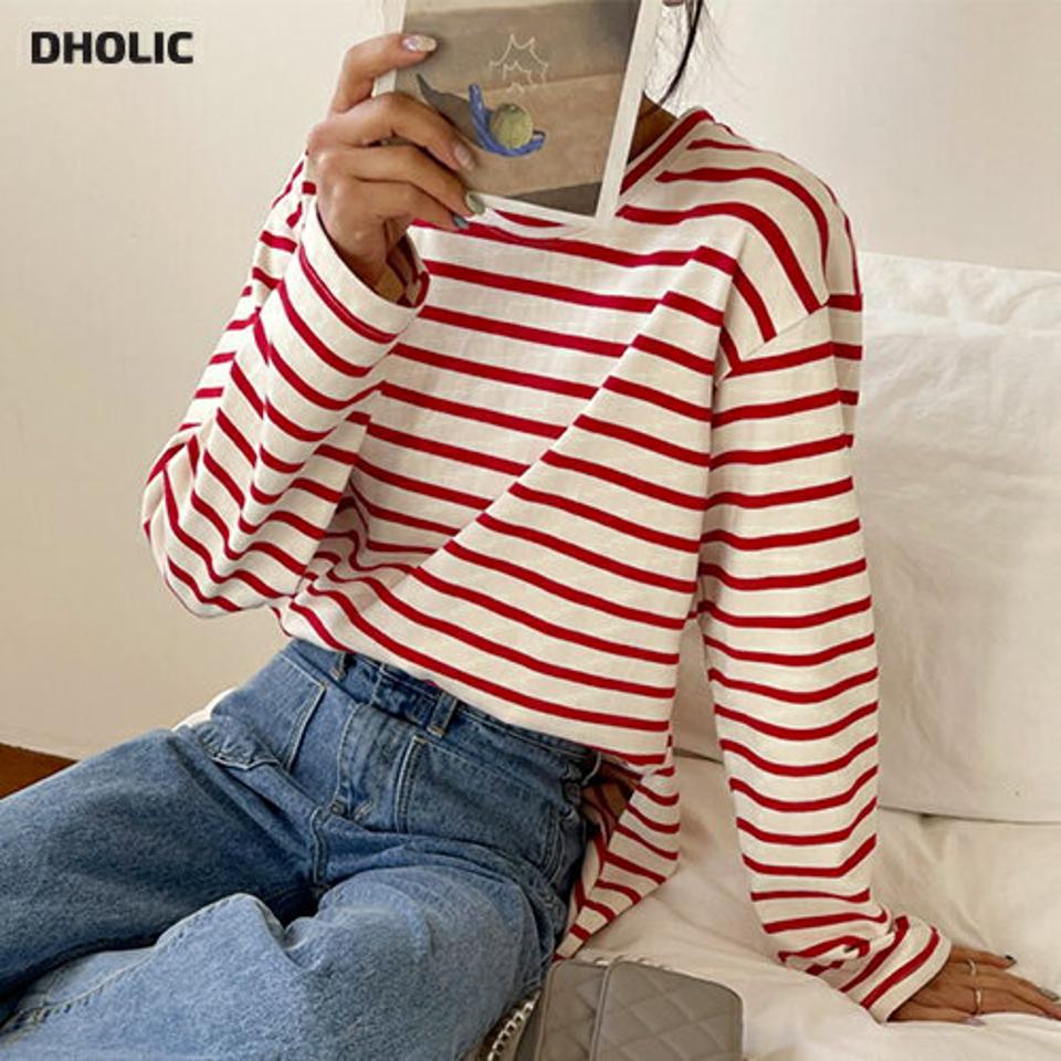 ボーダーサイドスリットTシャツ・全3色・t66459 レディース 【tops】韓国ファッション トップス Tシャツ 大人 長袖 ラウンドネック ボーダー スリット ドロップショルダー シンプル 細身 フェミニン カジュアル 秋 冬