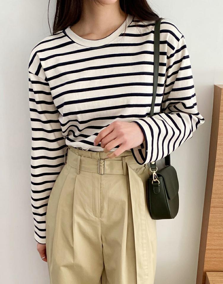 ボーダーサイドスリットTシャツ・全3色・t66459 レディース 【tops】韓国ファッション トップス Tシャツ 大人 長袖 ラウンドネック ボーダー スリット ドロップショルダー シンプル 細身 フェミニン カジュアル 秋 冬