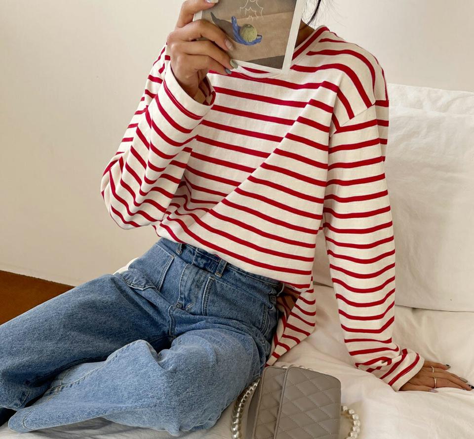 ボーダーサイドスリットTシャツ・全3色・t66459 レディース 【tops】韓国ファッション トップス Tシャツ 大人 長袖 ラウンドネック ボーダー スリット ドロップショルダー シンプル 細身 フェミニン カジュアル 秋 冬