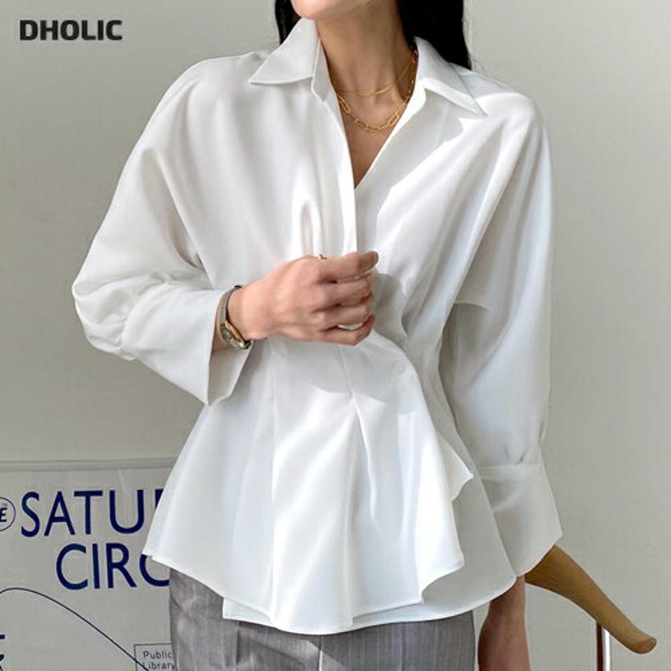 オープンカラータックボタンブラウス・全5色・t00096 レディース 【bl】トップス ブラウス 長袖 タック 開襟 単色 無地 シンプル 大人 きれいめ 春 秋 冬 韓国ファッション ハイホリHIHOLLI