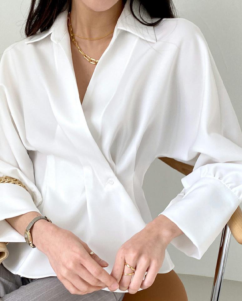 オープンカラータックボタンブラウス・全5色・t00096 レディース 【bl】トップス ブラウス 長袖 タック 開襟 単色 無地 シンプル 大人 きれいめ 春 秋 冬 韓国ファッション ハイホリHIHOLLI