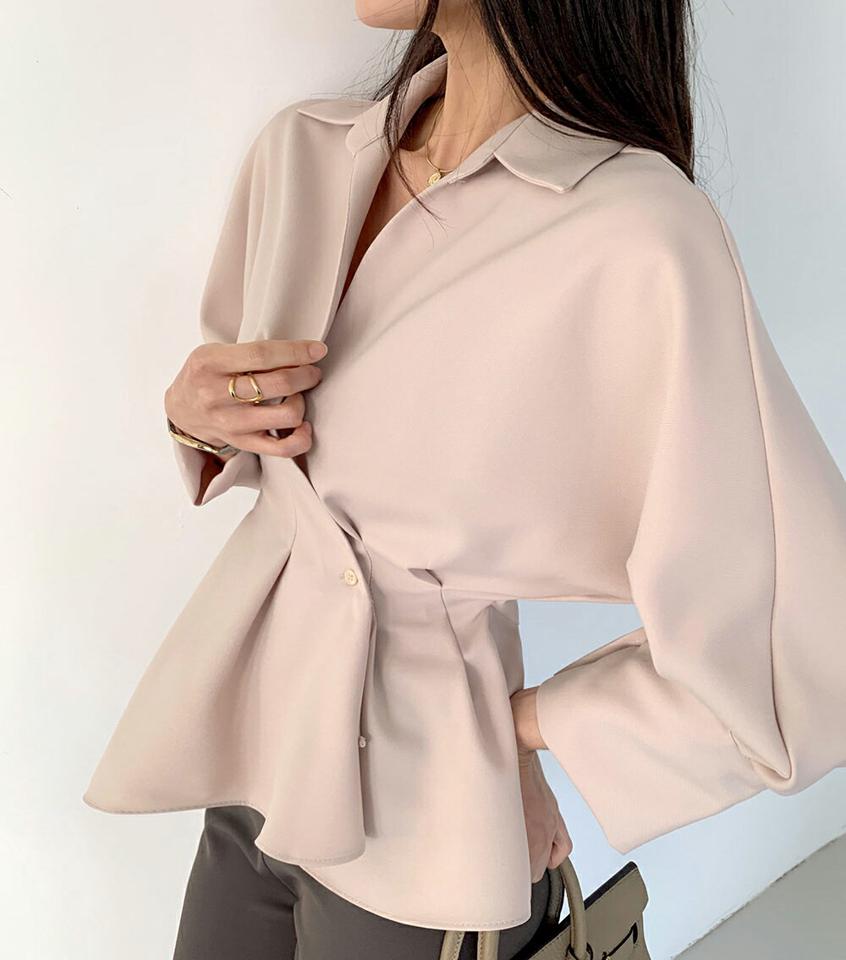 オープンカラータックボタンブラウス・全5色・t00096 レディース 【bl】トップス ブラウス 長袖 タック 開襟 単色 無地 シンプル 大人 きれいめ 春 秋 冬 韓国ファッション ハイホリHIHOLLI