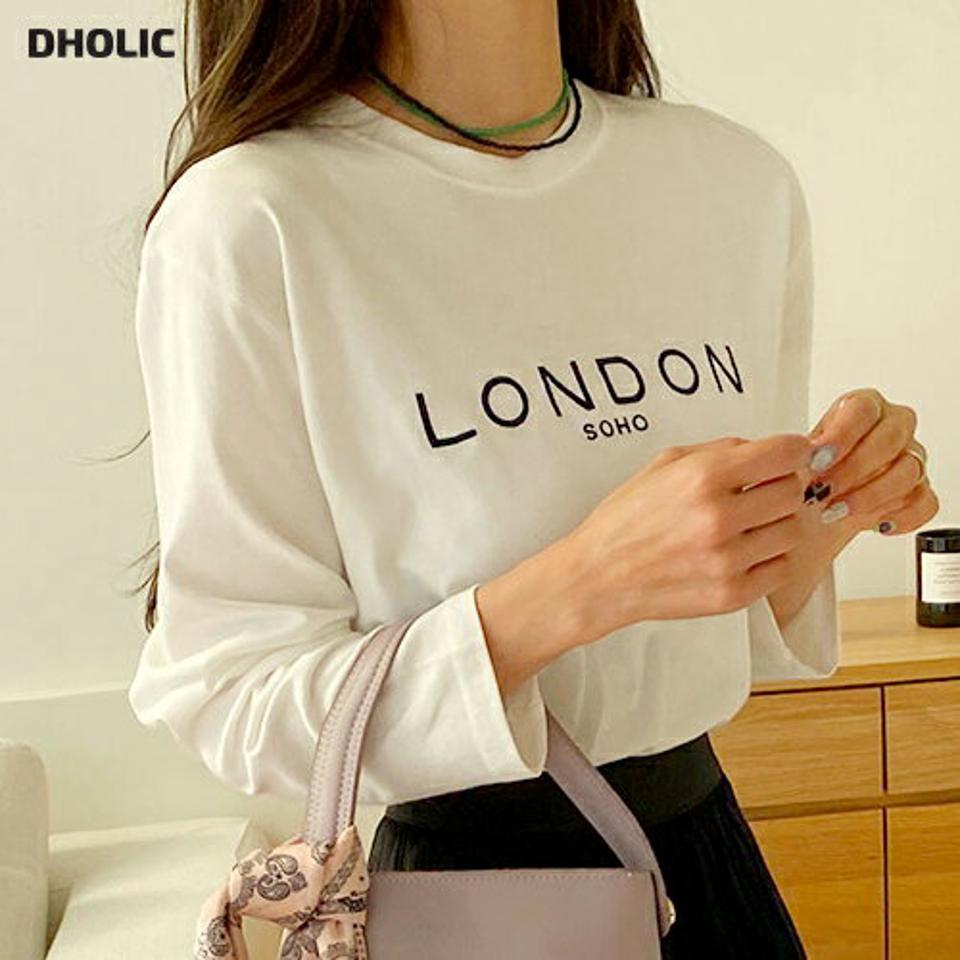 LONDON刺?ロゴTシャツ・全3色・t66454 レディース 【tops】韓国ファッション トップス Tシャツ 大人 長袖 ラウンドネック レタリング 英字 ロゴ 刺? モダール混 シンプル 体型カバー 細身 フェミニン カジュアル 秋 冬
