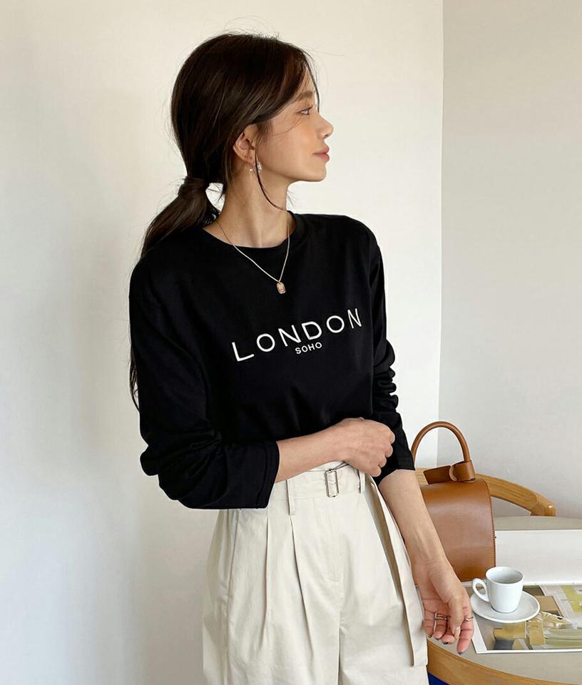 LONDON刺?ロゴTシャツ・全3色・t66454 レディース 【tops】韓国ファッション トップス Tシャツ 大人 長袖 ラウンドネック レタリング 英字 ロゴ 刺? モダール混 シンプル 体型カバー 細身 フェミニン カジュアル 秋 冬