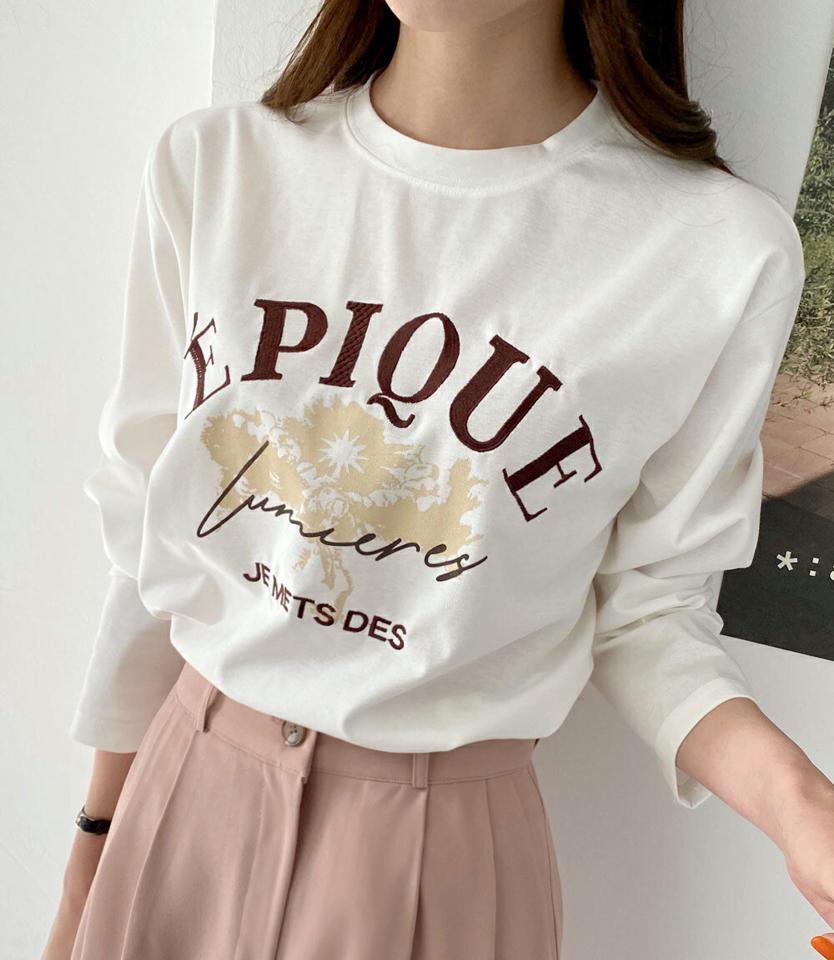 刺繍レタリングTシャツ・全4色・b00093 レディース 【tops】トップス Tシャツ 長袖 ロゴ ロゴT ロンT カジュアル ラフ ラウンドネック 春 秋 冬 韓国ファッション ハイホリHIHOLLI