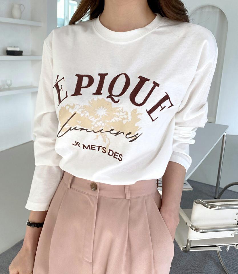 刺繍レタリングTシャツ・全4色・b00093 レディース 【tops】トップス Tシャツ 長袖 ロゴ ロゴT ロンT カジュアル ラフ ラウンドネック 春 秋 冬 韓国ファッション ハイホリHIHOLLI