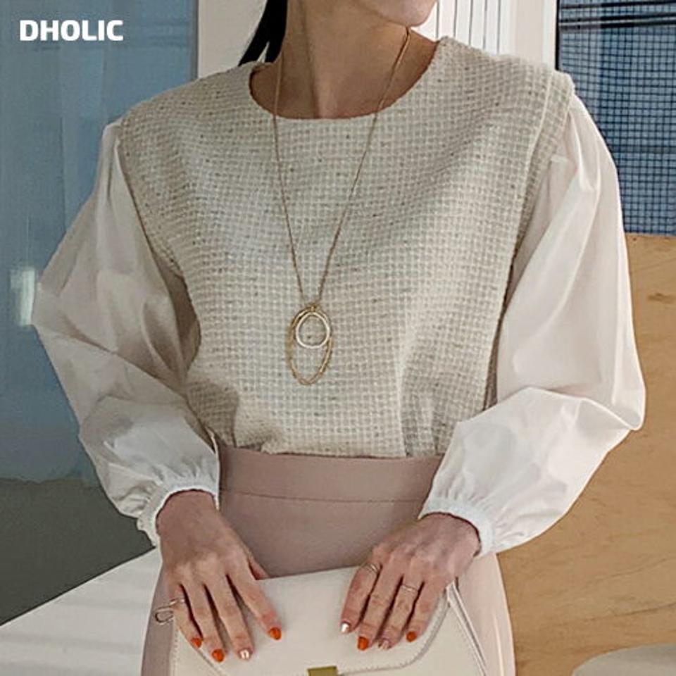 ツイード配色ピンタックブラウス・全4色・t00100 レディース 【bl】トップス ブラウス 長袖 ピンタック ツイード 大人 きれいめ フェミニン かわいい パフ袖 パフスリーブ 春 秋 冬 韓国ファッション ハイホリHIHOLLI