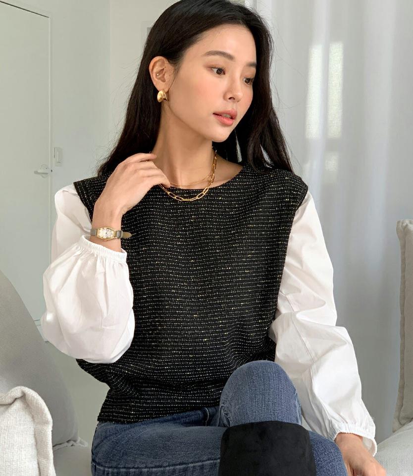 ツイード配色ピンタックブラウス・全4色・t00100 レディース 【bl】トップス ブラウス 長袖 ピンタック ツイード 大人 きれいめ フェミニン かわいい パフ袖 パフスリーブ 春 秋 冬 韓国ファッション ハイホリHIHOLLI