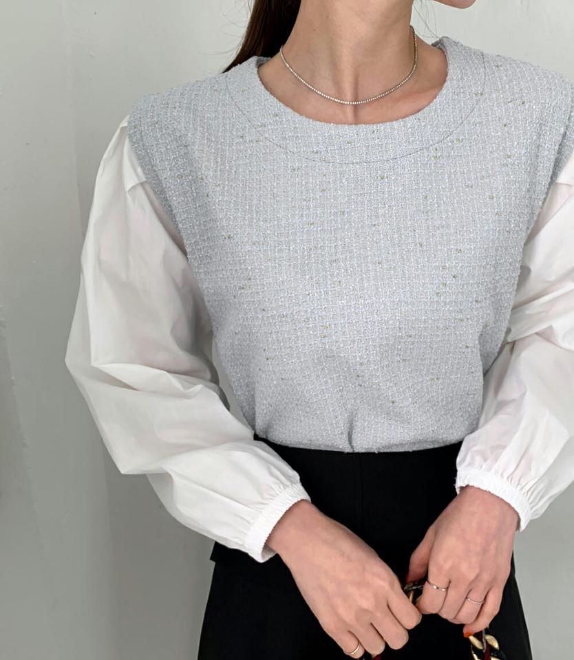 ツイード配色ピンタックブラウス・全4色・t00100 レディース 【bl】トップス ブラウス 長袖 ピンタック ツイード 大人 きれいめ フェミニン かわいい パフ袖 パフスリーブ 春 秋 冬 韓国ファッション ハイホリHIHOLLI