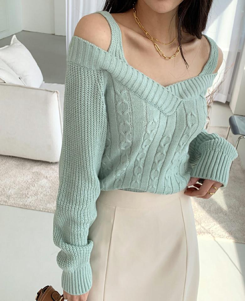 Vネックレイヤード風ニット・全4色・t00101 レディース 【tops】トップス ニット 長袖 肩出し オープンショルダー レイヤード風 単色 無地 シンプル ケーブル編み カジュアル かわいい ラフ 春 秋 冬 韓国ファッション ハイホリHIHOLLI
