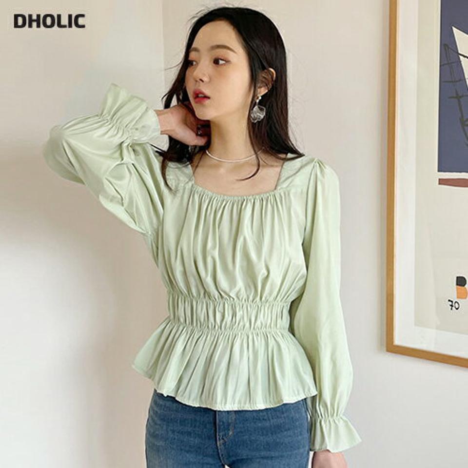 スクエアシルキーブラウス・全5色・t66462 レディース 【bl】韓国ファッション トップス ブラウス 長袖 スクエアネック シルキー シャーリング パフ 無地 シンプル カジュアル フェミニン 体型カバー ガーリー 春 秋 冬