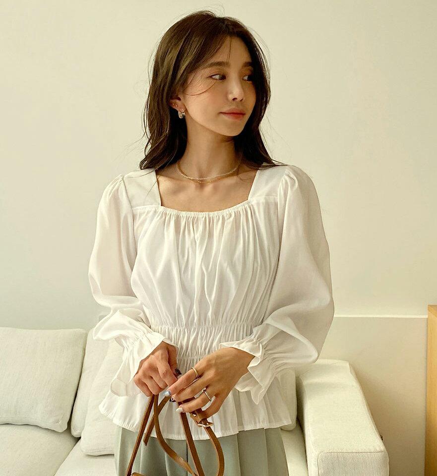 スクエアシルキーブラウス・全5色・t66462 レディース 【bl】韓国ファッション トップス ブラウス 長袖 スクエアネック シルキー シャーリング パフ 無地 シンプル カジュアル フェミニン 体型カバー ガーリー 春 秋 冬