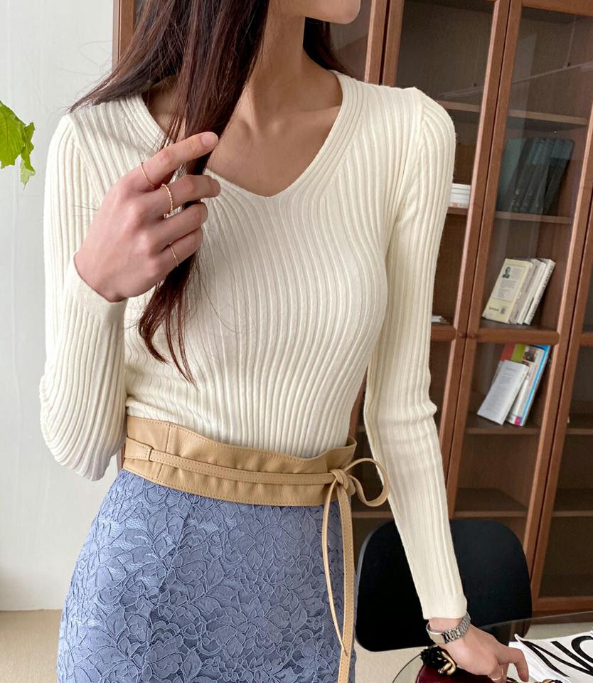 ≪人気商品再入荷≫Vネックリブスリムフィットニット・全4色・t71618 レディース 【tops】トップス ニット 長袖 リブニット Vネック 単色 無地 シンプル ベーシック 大人 デコルテ 鎖骨 カジュアル 春 秋 冬 韓国ファッション ハイホリHIHOLLI