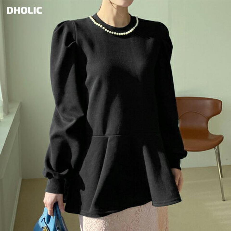 フェイクパールペプラムTシャツ・全2色・b71614 レディース 【tops】トップス Tシャツ 長袖 ペプラム パール フェミニン きれいめ 大人 シンプル 単色 パフスリーブ パフ袖 春 秋 韓国ファッション ハイホリHIHOLLI