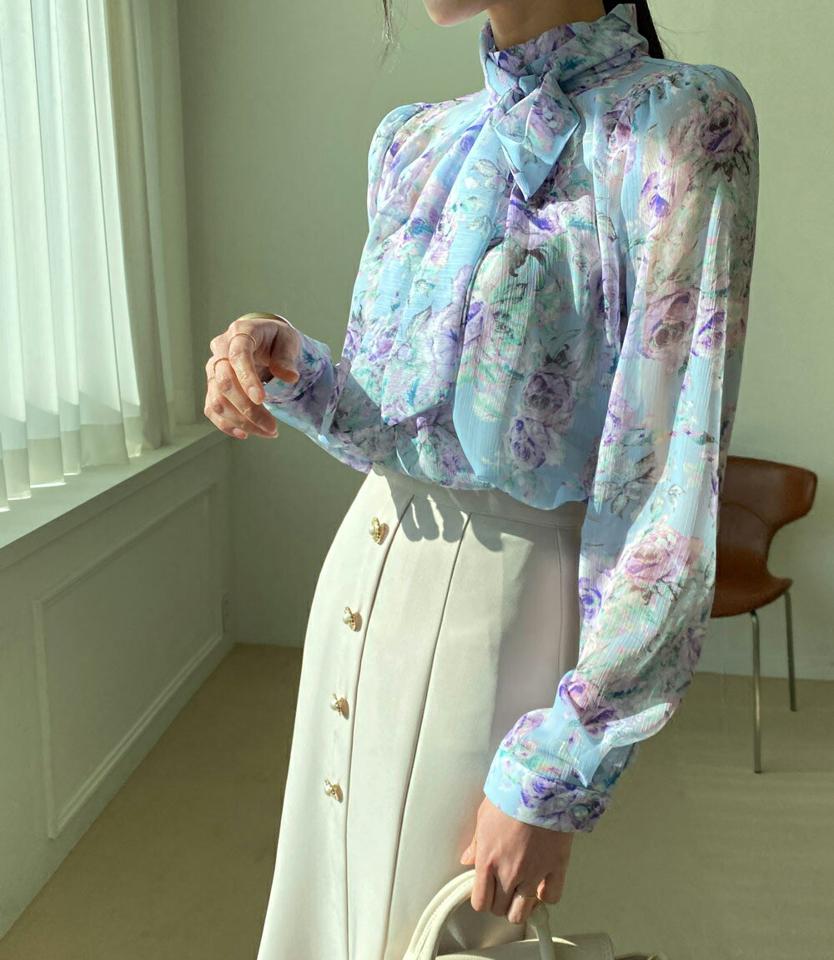 【15%OFF】フラワーシフォンタイブラウス・全3色・b71622 レディース 【bl】トップス ブラウス 長袖 花柄 シフォン フェミニン きれいめ 襟コン かわいい 可愛い ハーフネック ボウタイ 春 秋 冬 韓国ファッション ハイホリHIHOLLI blセール