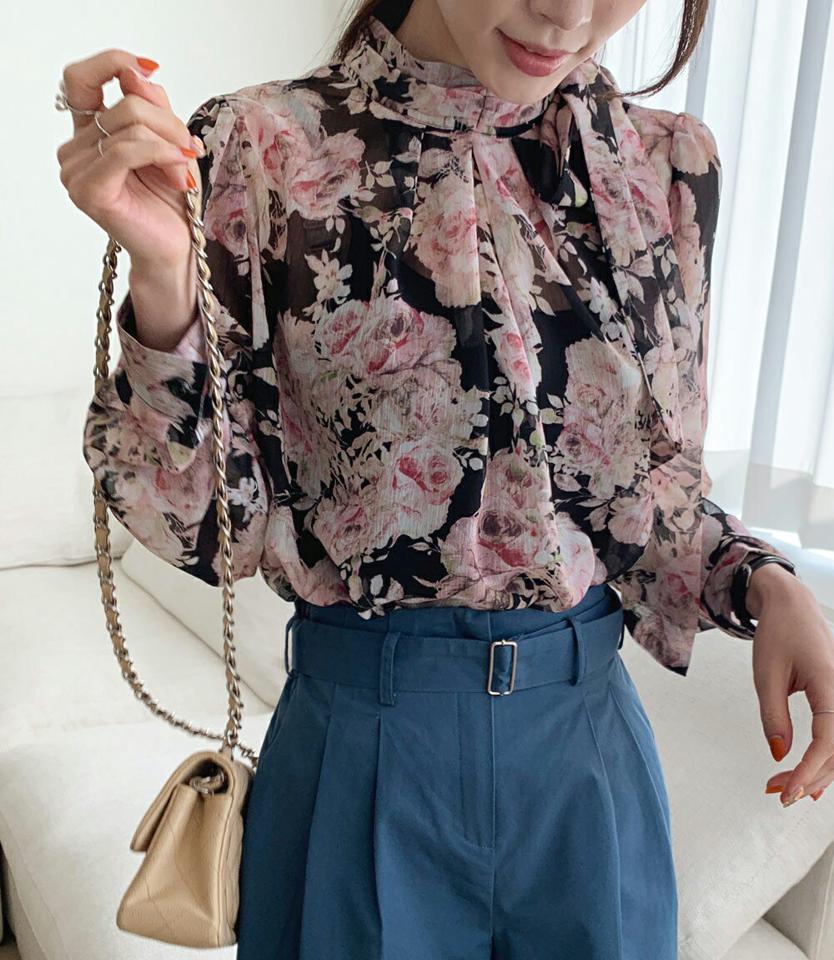 【15%OFF】フラワーシフォンタイブラウス・全3色・b71622 レディース 【bl】トップス ブラウス 長袖 花柄 シフォン フェミニン きれいめ 襟コン かわいい 可愛い ハーフネック ボウタイ 春 秋 冬 韓国ファッション ハイホリHIHOLLI blセール