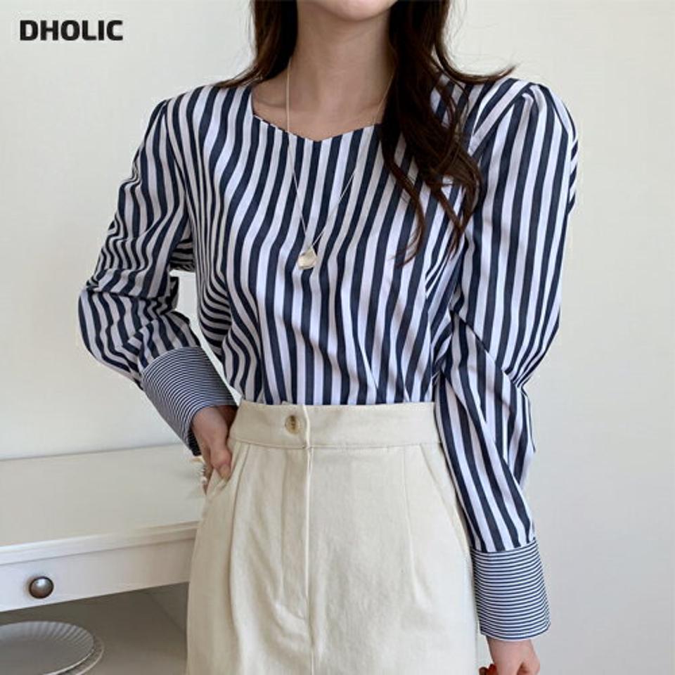 2TYPEボーダーカフスブラウス・全2色・t71624 レディース 【bl】トップス ブラウス 長袖 ストライプ柄 爽やか 大人 きれいめ ボーダー柄 大人 シンプル パフ袖 パフスリーブ 春 秋 冬 韓国ファッション ハイホリHIHOLLI