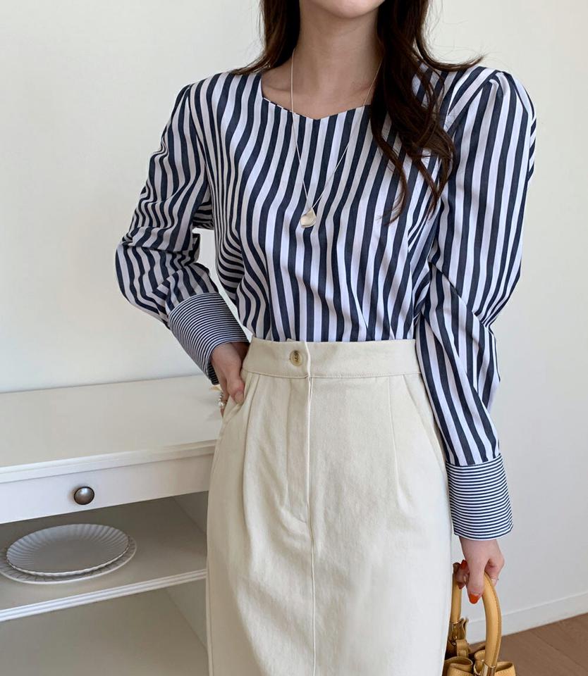 2TYPEボーダーカフスブラウス・全2色・t71624 レディース 【bl】トップス ブラウス 長袖 ストライプ柄 爽やか 大人 きれいめ ボーダー柄 大人 シンプル パフ袖 パフスリーブ 春 秋 冬 韓国ファッション ハイホリHIHOLLI