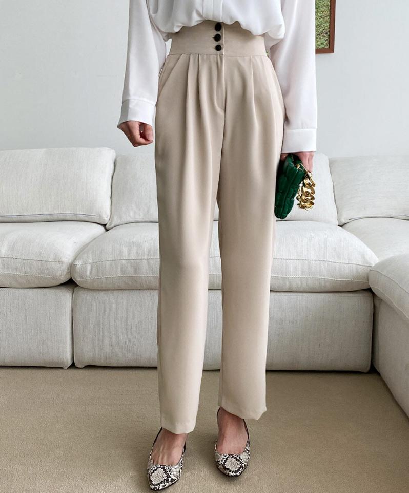 3ボタンワイドスラックス・全2色・t71635 レディース 【pt】スラックス パンツ ズボン ロングパンツ 単色 無地 シンプル ベーシック 大人 きれいめ オフィスカジュアル 春 秋 冬 韓国ファッション ハイホリHIHOLLI