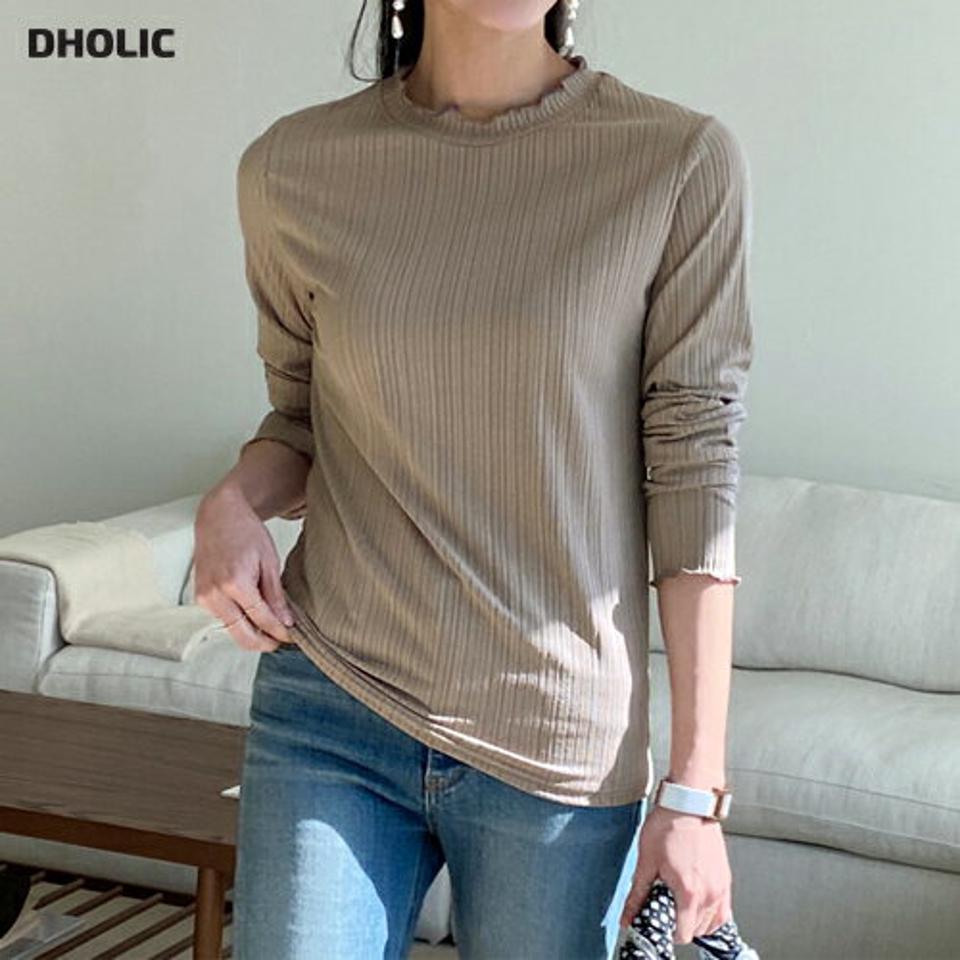 ウェーブリブTシャツ・全4色・b71616 レディース 【tops】トップス Tシャツ 長袖 リブトップス ウェーブ 単色 シンプル ハーフネック カジュアル 大人 ドロップショルダー 春 秋 韓国ファッション ハイホリHIHOLLI