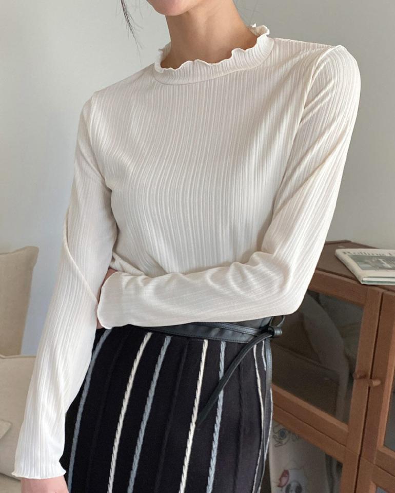 ウェーブリブTシャツ・全4色・b71616 レディース 【tops】トップス Tシャツ 長袖 リブトップス ウェーブ 単色 シンプル ハーフネック カジュアル 大人 ドロップショルダー 春 秋 韓国ファッション ハイホリHIHOLLI